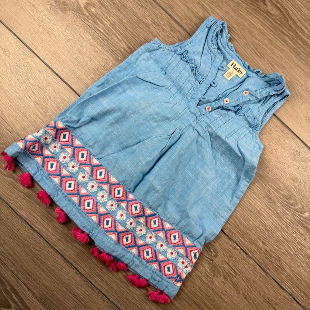 Hatley Girls Dress Embroidered Tassel Hem Chambray Blue 3